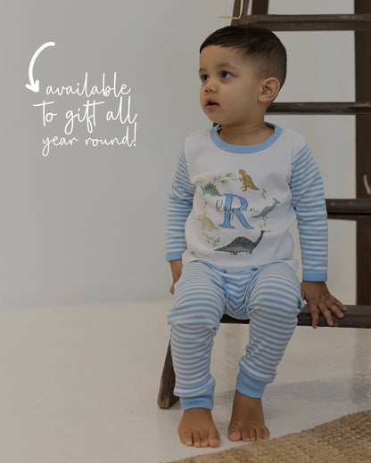 Personalised Boys Gifting Pyjamas Blue Stripe - Safari Initial Design