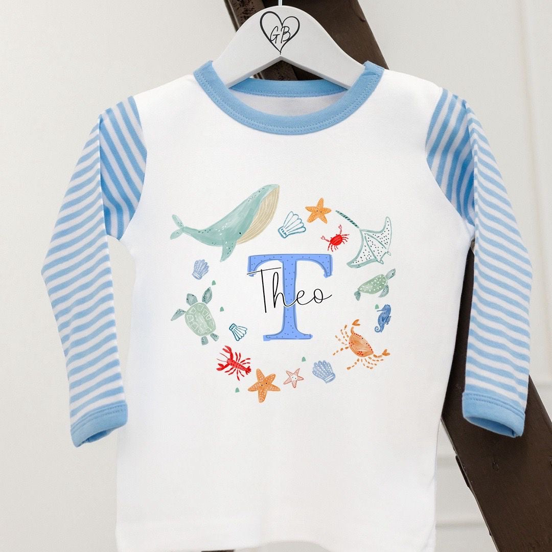 Personalised Boys Gifting Pyjamas Blue Stripe - Sea Wreath Initial Design