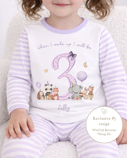 Personalised Lilac Stripe Birthday Pyjamas - Woodland Party Design