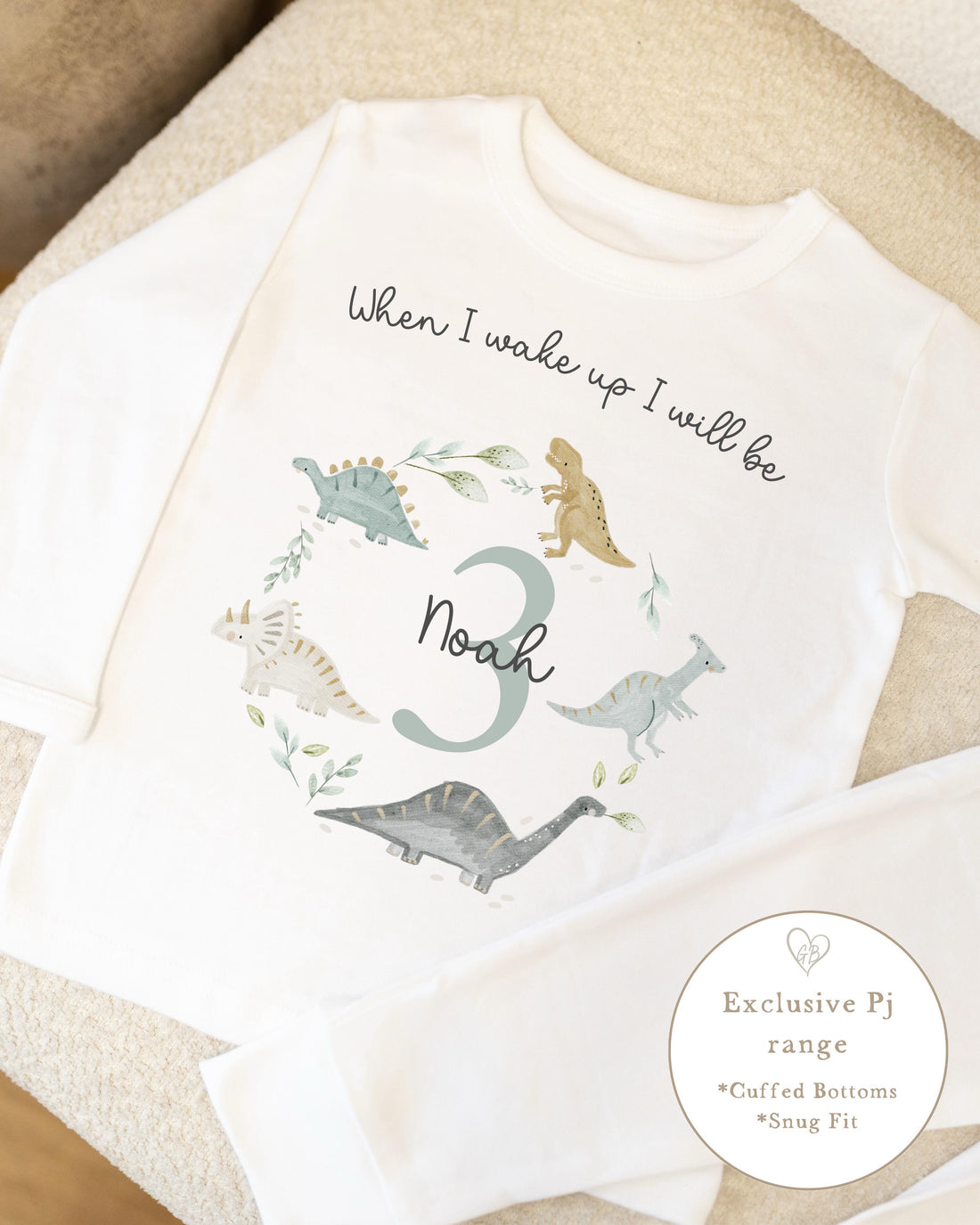 Plain White Personalised Birthday Pyjamas - Dino Wreath Design