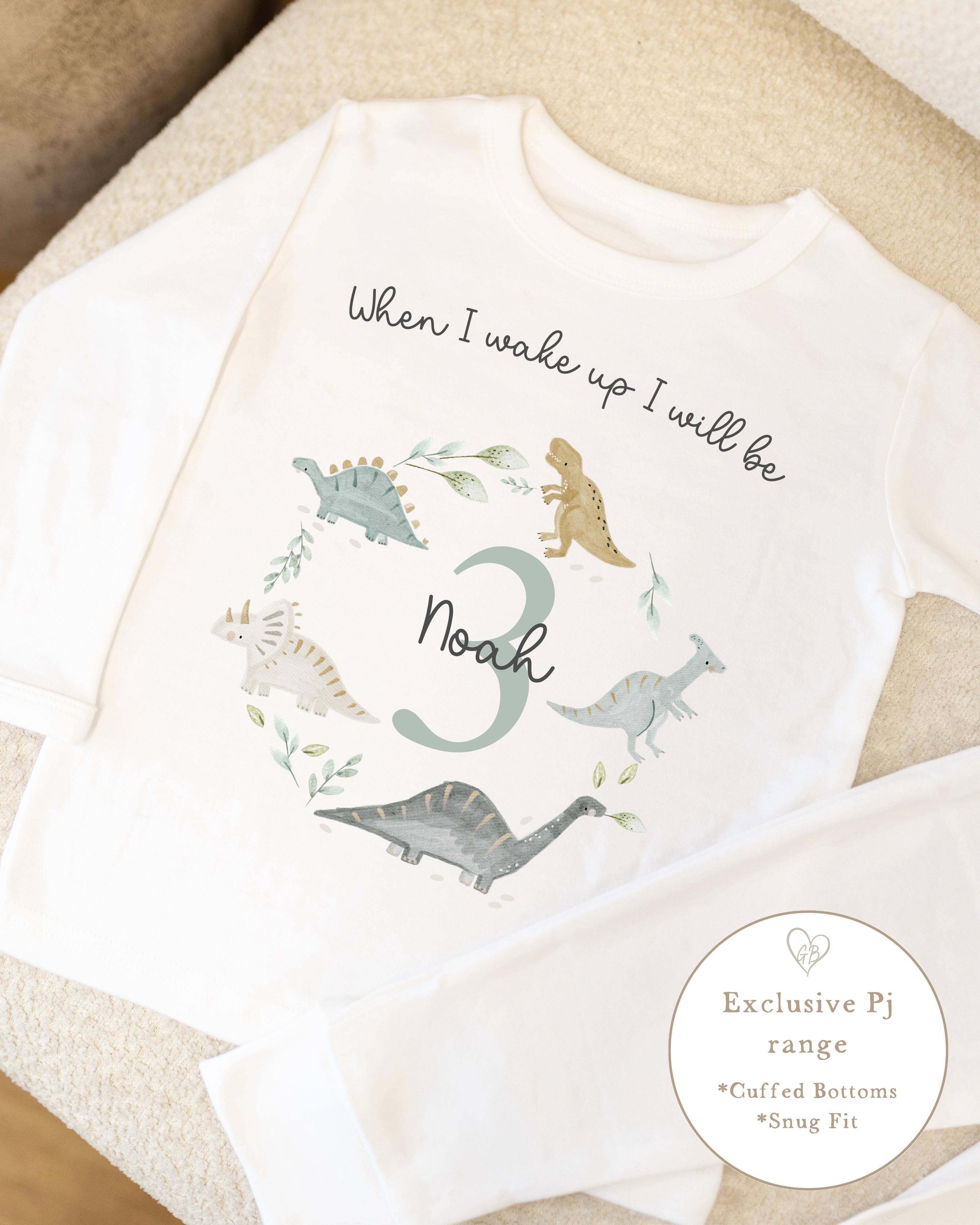 Plain White Personalised Birthday Pyjamas - Dino Wreath Design