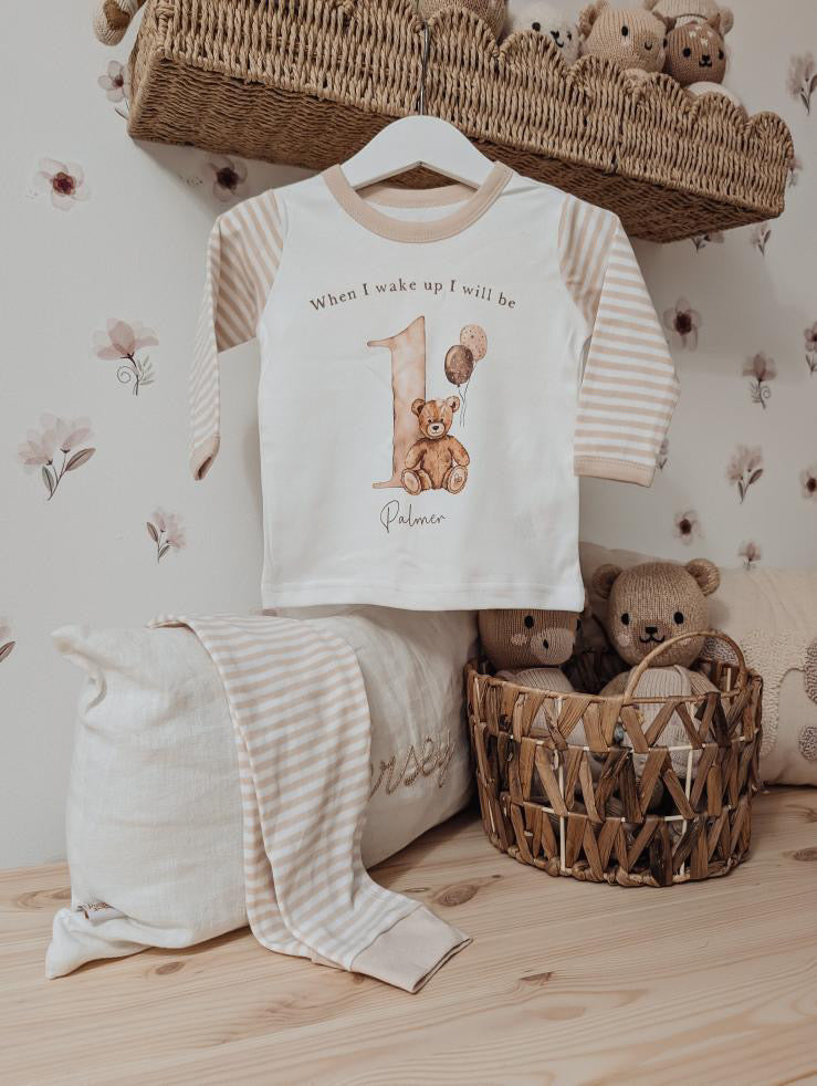 Personalised Beige Stripe Birthday Pyjamas - Beige Bear with Bow Design