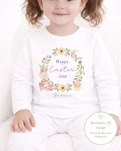 Personalised Plain White Easter Pyjamas - Lilac Wreath Design