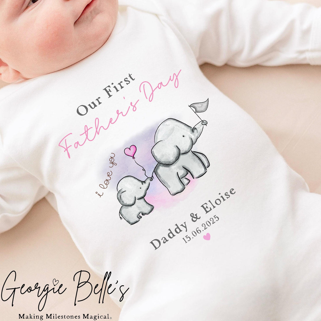 Personalised Father’s Day Baby Vest / Babygrow - Pink Elephant Design