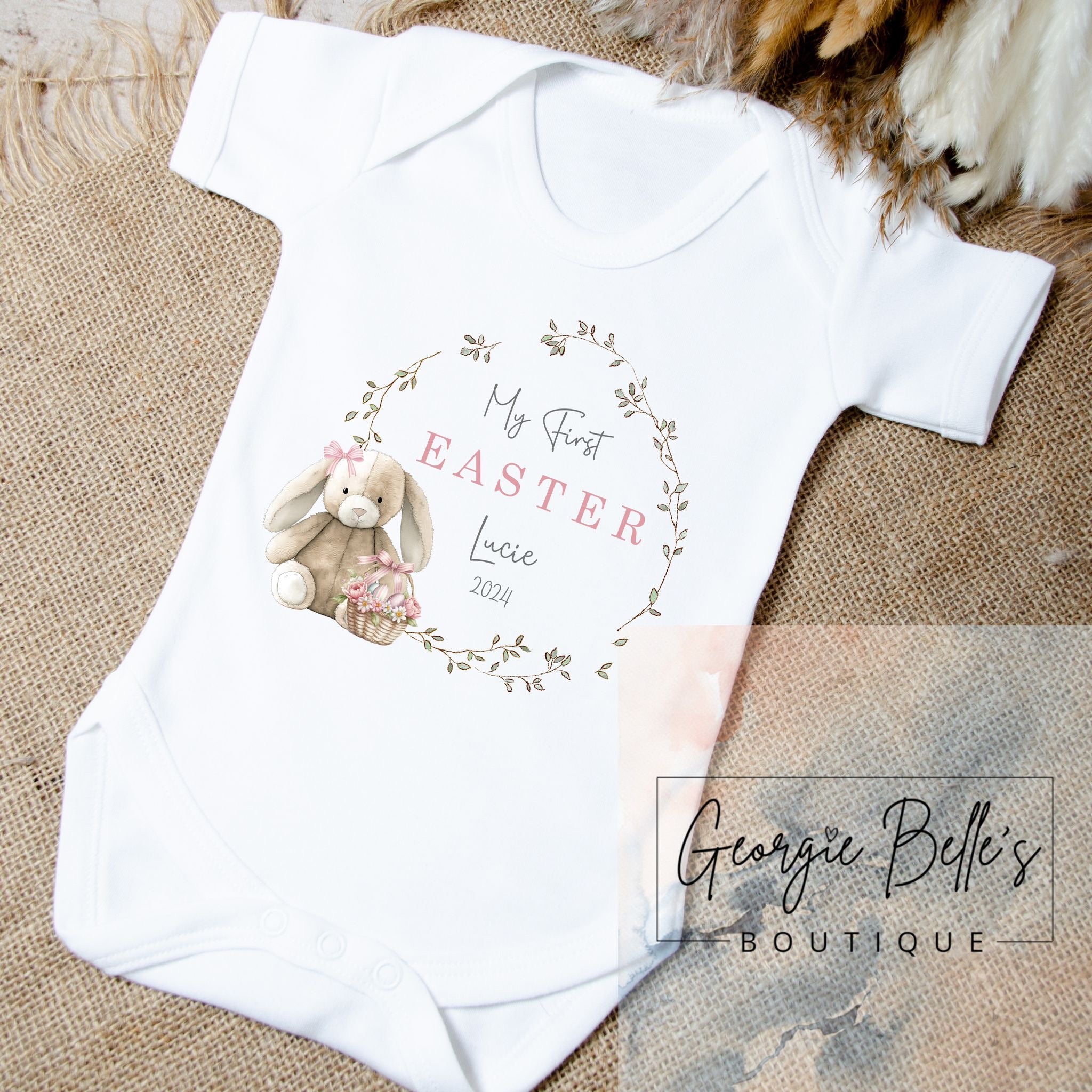 My 1st Easter Personalised Vest / Babygrow - Pink Bunny Wreath Design