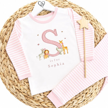 Personalised Girls Gifting Pyjamas Pink Stripe - Safari Initial Design