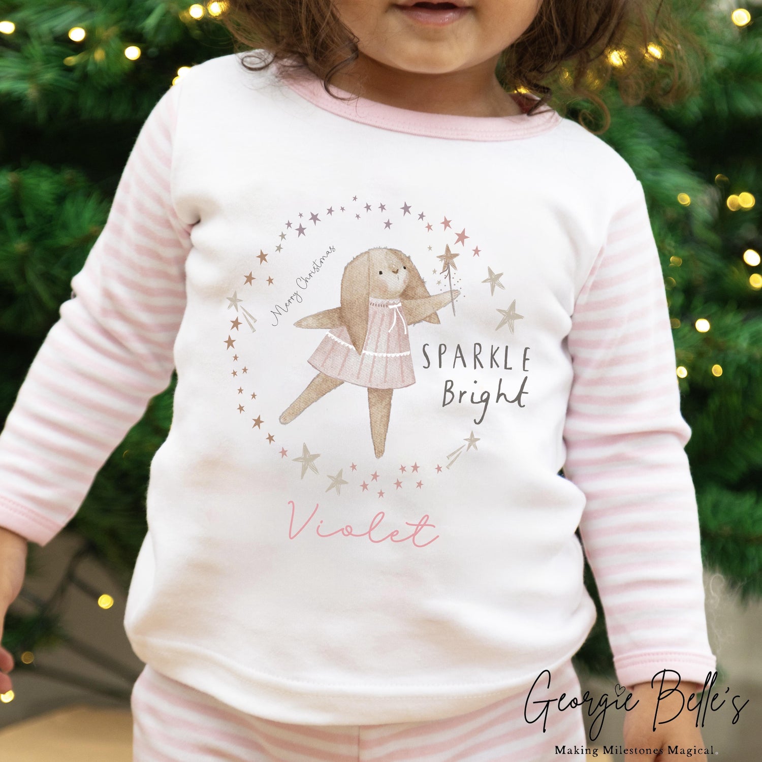 Personalised Pink Stripe Christmas Pyjamas - Pink Sparkle Bright Design