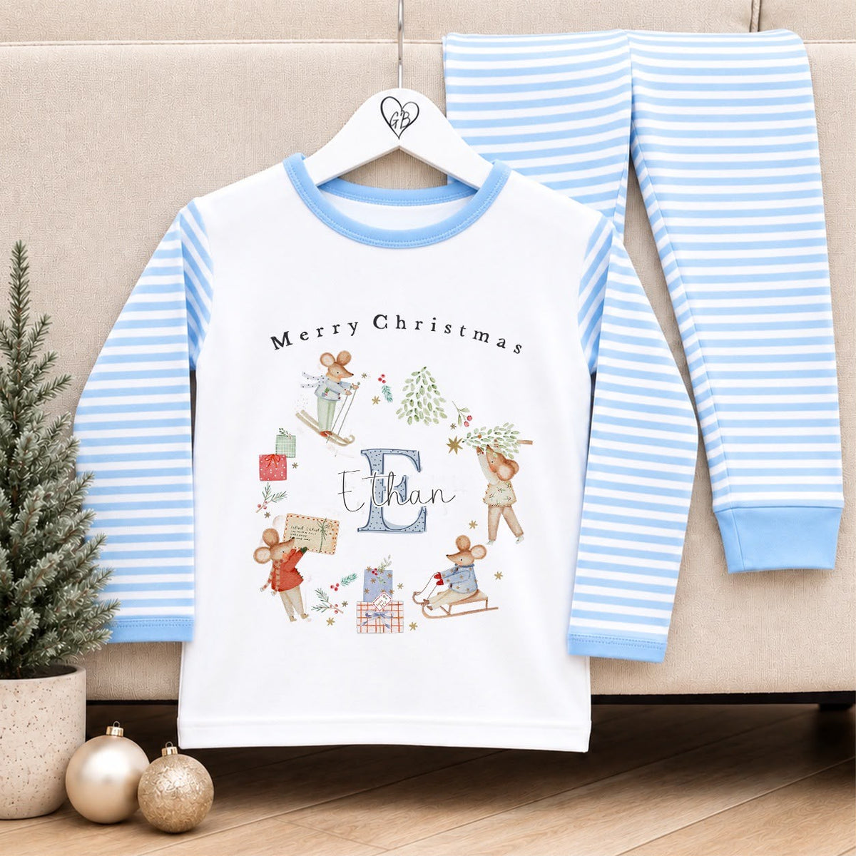 Personalised Christmas Pyjamas for Kids | 100% Cotton Blue Stripe | Blue Whimsical Xmas Mice Wreath Initial Design