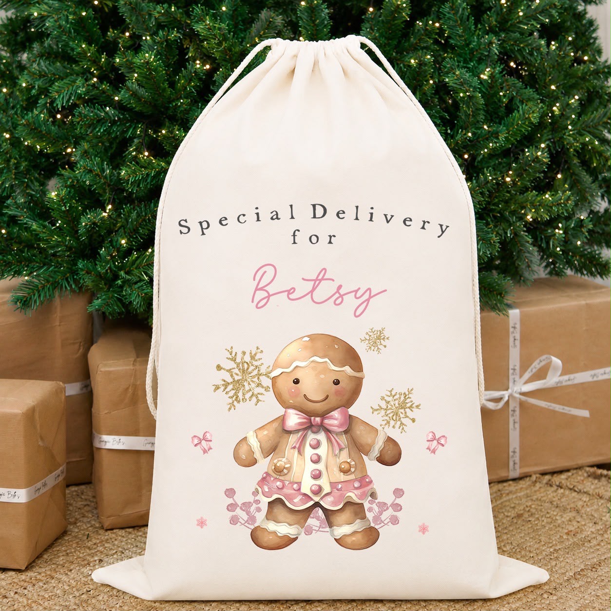 Luxury Personalised Premium Cotton Christmas Sack | Personalised Santa Sack | Pink Gingerbread Design