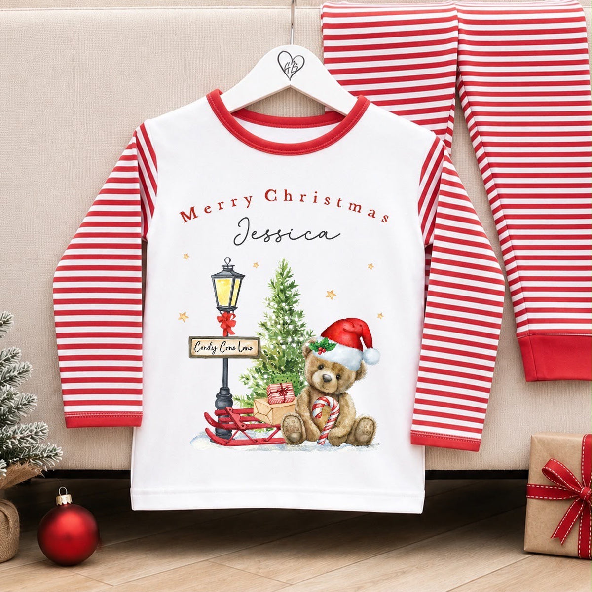 Personalised Christmas Pyjamas for Kids | 100% Cotton Red Stripe | Candy Cane Lane Bear Design