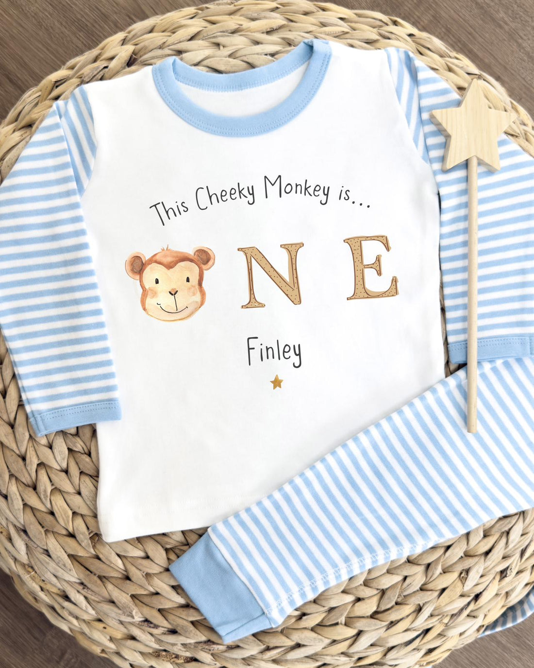 Personalised Blue Stripe Birthday Pyjamas - Monkey Design