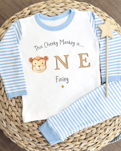 Personalised Blue Stripe Birthday Pyjamas - Monkey Design