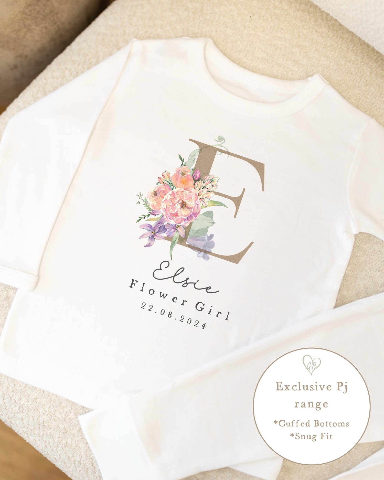 Personalised Flower Girl Pyjamas - Champagne Initial Design
