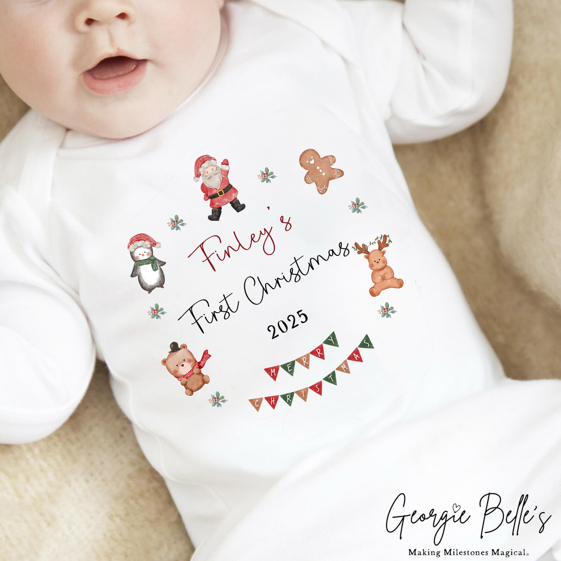 Personalised Christmas Sleepsuit / Bodysuit - First Christmas Element Wreath Design