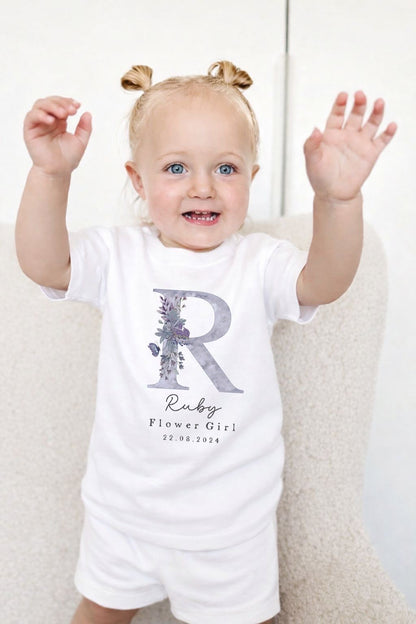 Personalised Flower Girl Short Set Pyjamas - Lilac Initial Design