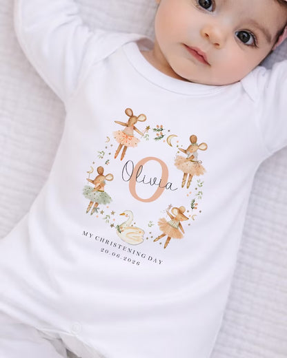 Personalised Christening Babygrow - Mice Wreath Design