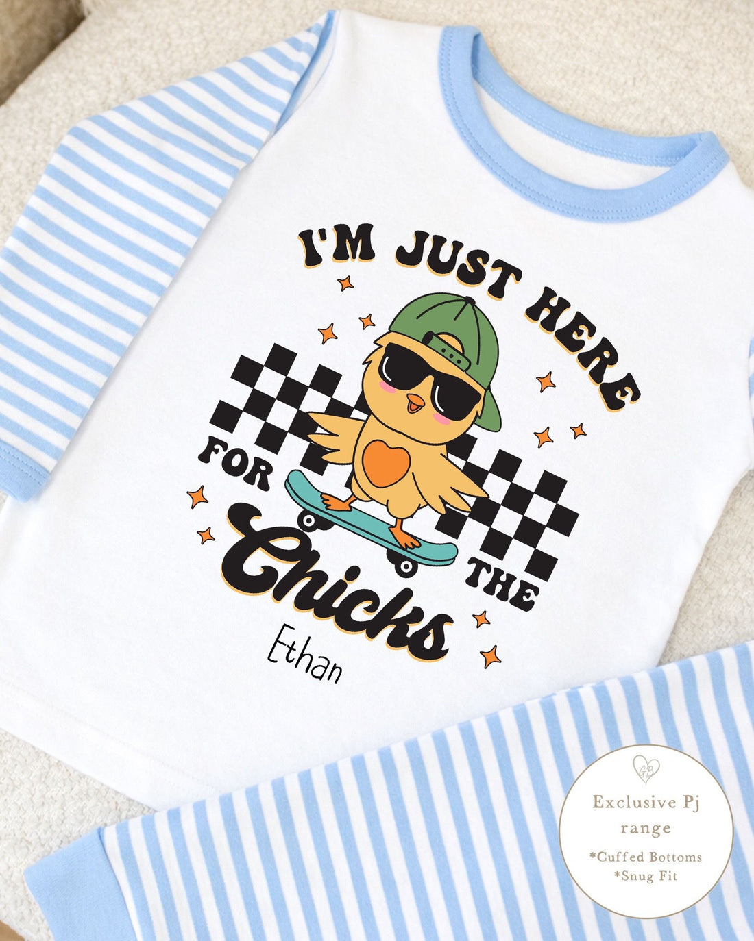 Personalised Blue Stripe Easter Pyjamas - Here For The Chicks Design