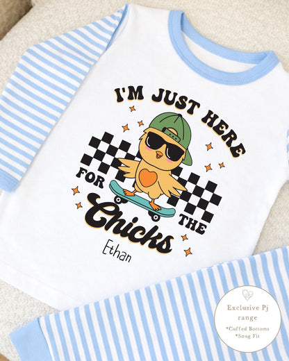 Personalised Blue Stripe Easter Pyjamas - Here For The Chicks Design
