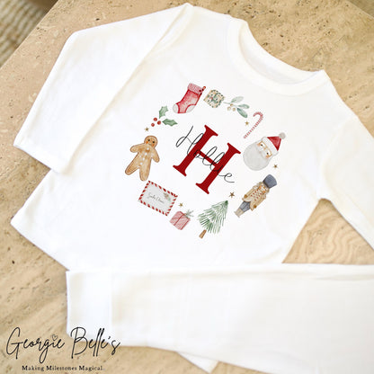 Personalised Plain White Christmas Pyjamas - Christmas Wreath Design