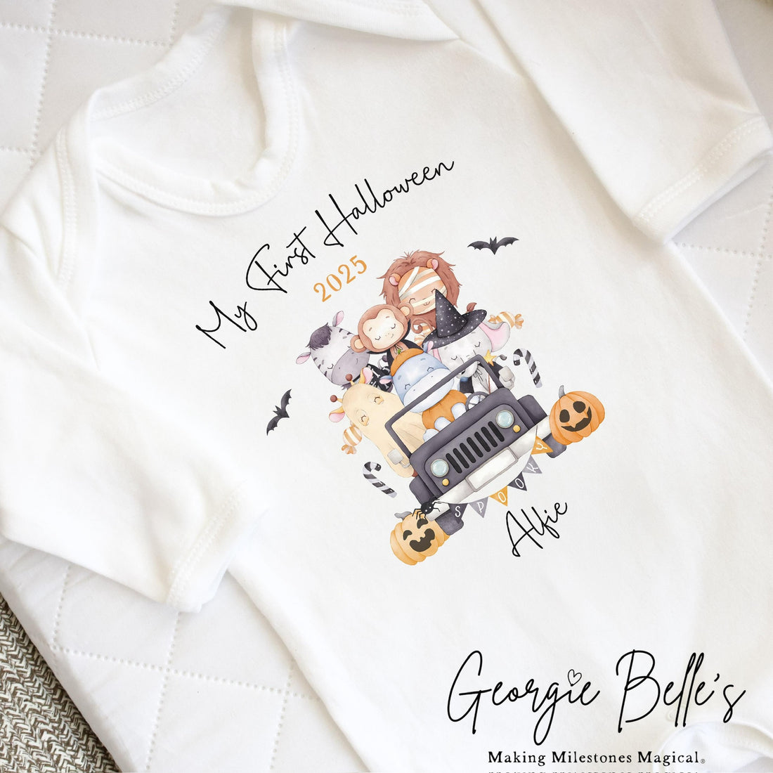 Personalised Halloween Bodysuit / Sleepsuit - My First Halloween Safari Design