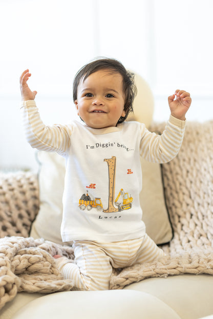 Personalised Beige Stripe Birthday Pyjamas - Digger Design