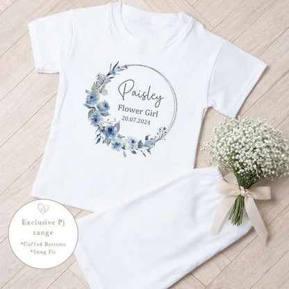Personalised Flower Girl Short Set Pyjamas - Dusky Blue Wreath Design