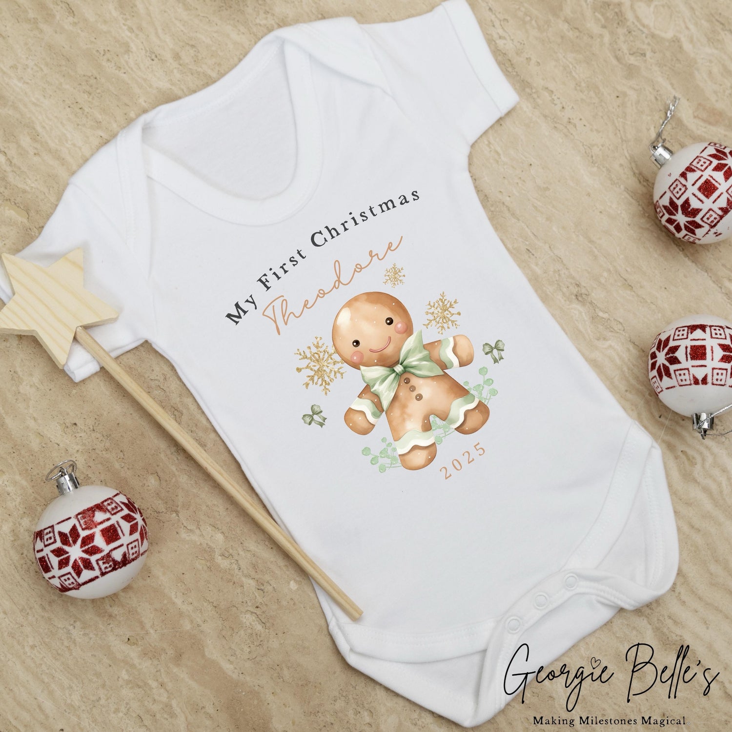 Personalised Christmas Sleepsuit / Bodysuit - Sage Gingerbread Design