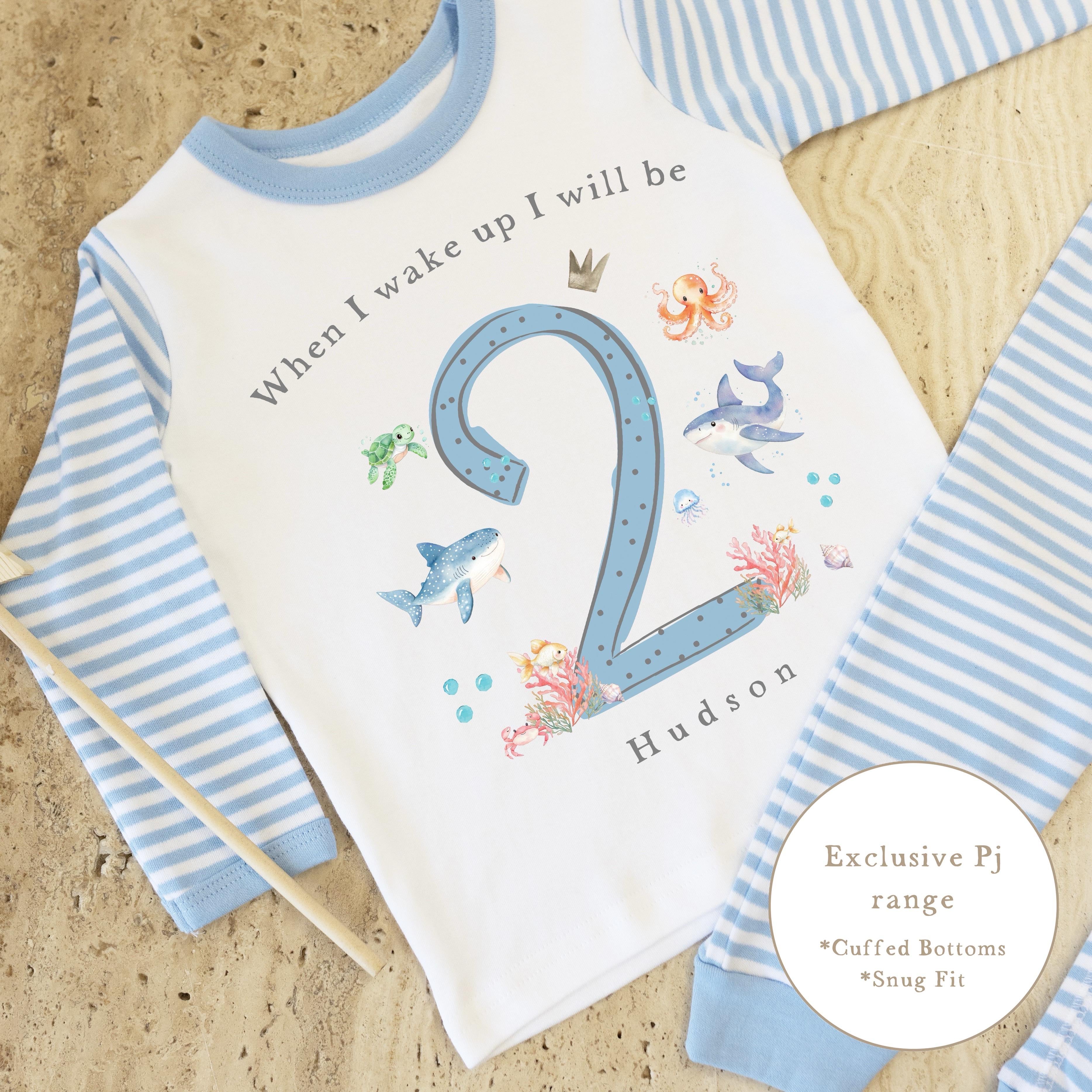 Blue &amp; White Striped Personalised Birthday Pyjamas - Blue Under The Sea Design