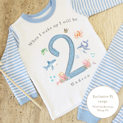 Blue &amp; White Striped Personalised Birthday Pyjamas - Blue Under The Sea Design