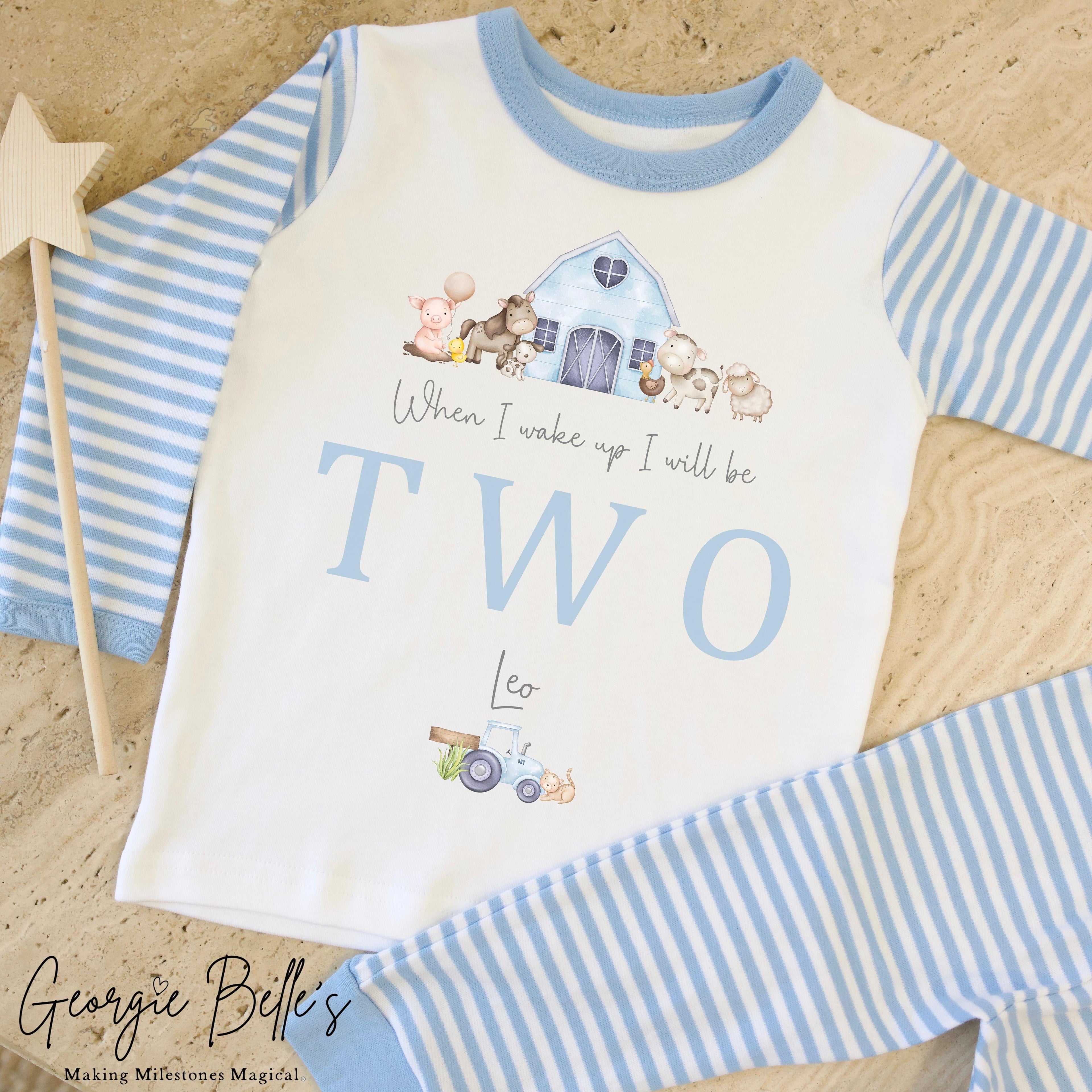 Personalised Blue Stripe Birthday Pyjamas - Blue Farm Design