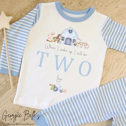 Personalised Blue Stripe Birthday Pyjamas - Blue Farm Design