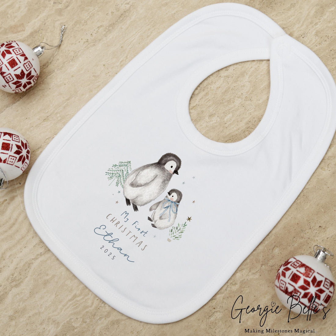 Personalised Christmas Sleepsuit / Bodysuit - First Christmas Blue Penguin Design