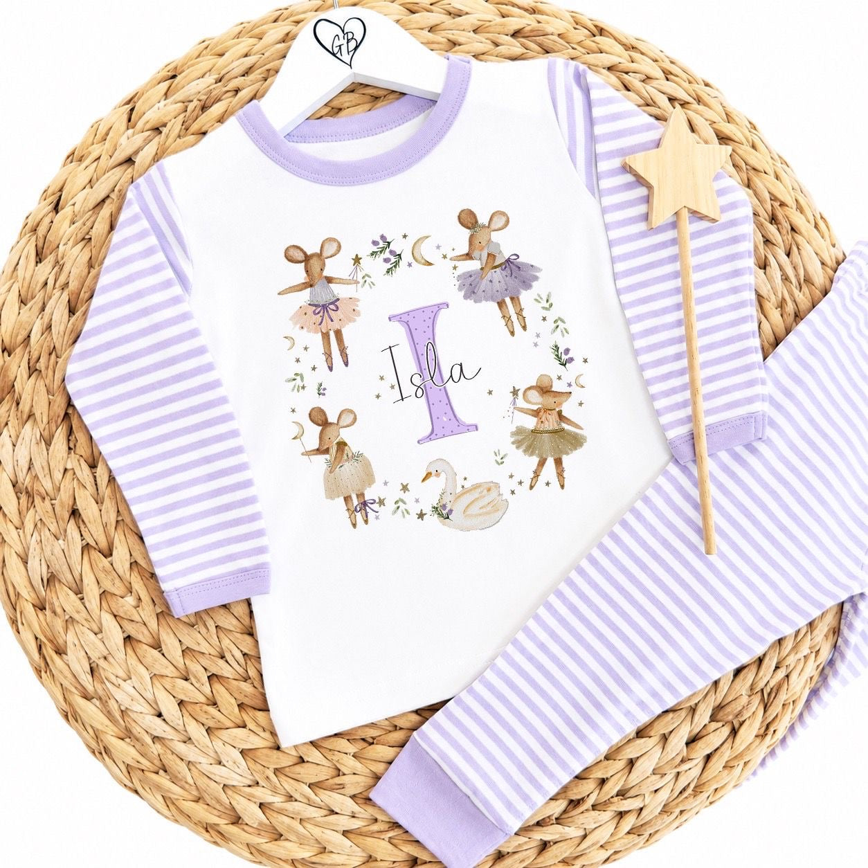 Personalised Girls Gifting Pyjamas Lilac Stripe - Mice Wreath Initial Design