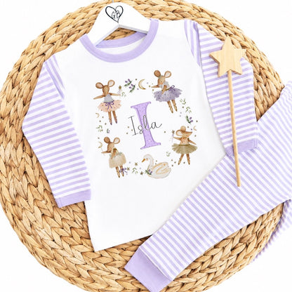 Personalised Girls Gifting Pyjamas Lilac Stripe - Mice Wreath Initial Design