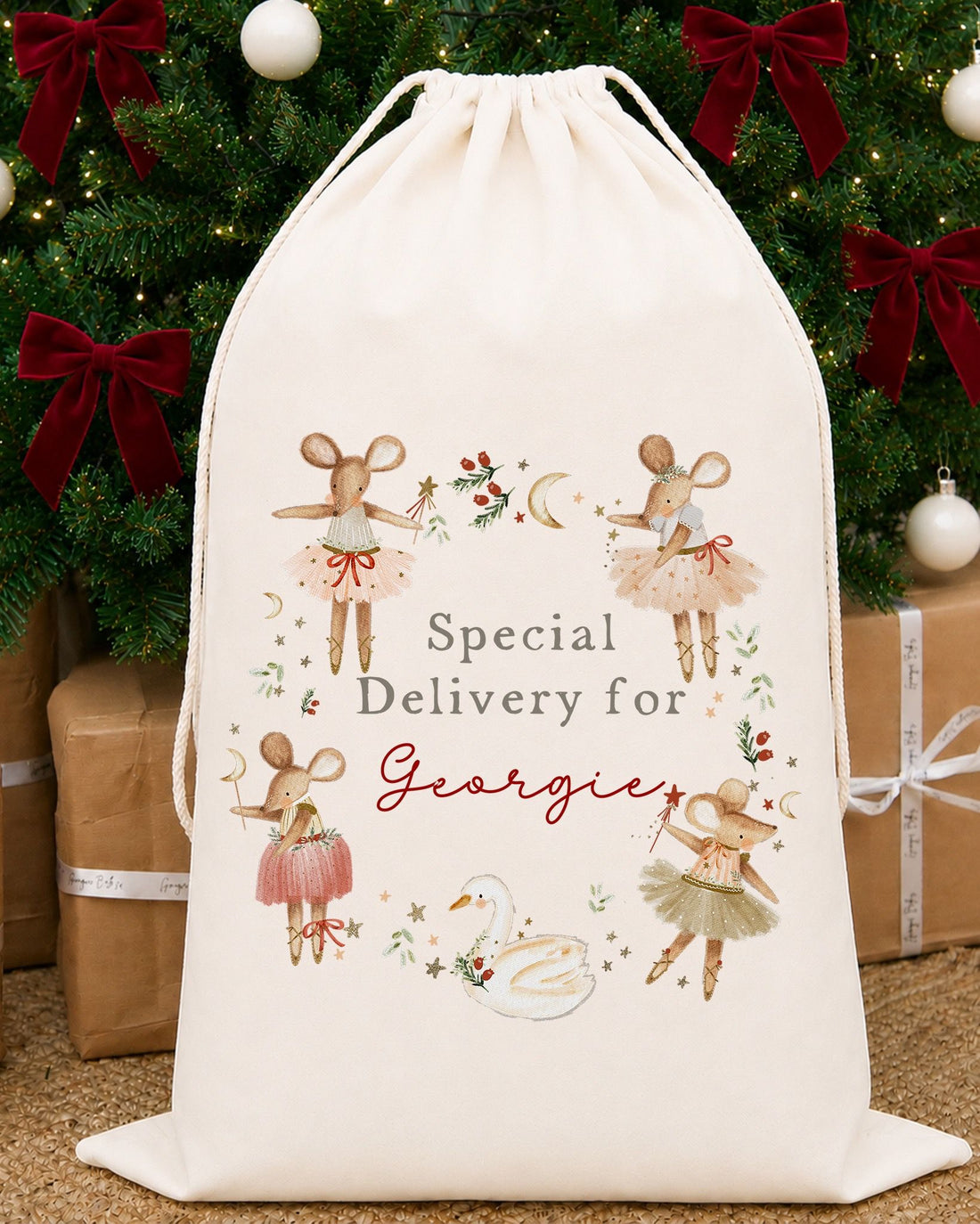 Luxury Personalised Premium Cotton Christmas Sack | Personalised Santa Sack | Red Mice Wreath Design