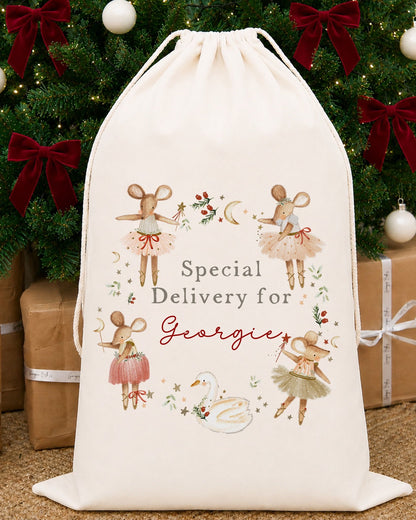 Luxury Personalised Premium Cotton Christmas Sack | Personalised Santa Sack | Red Mice Wreath Design