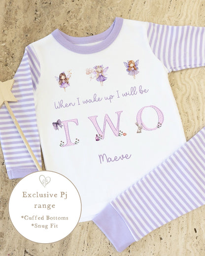 Lilac &amp; White Striped Personalised Birthday Pyjamas - Lilac Fairy Word Design