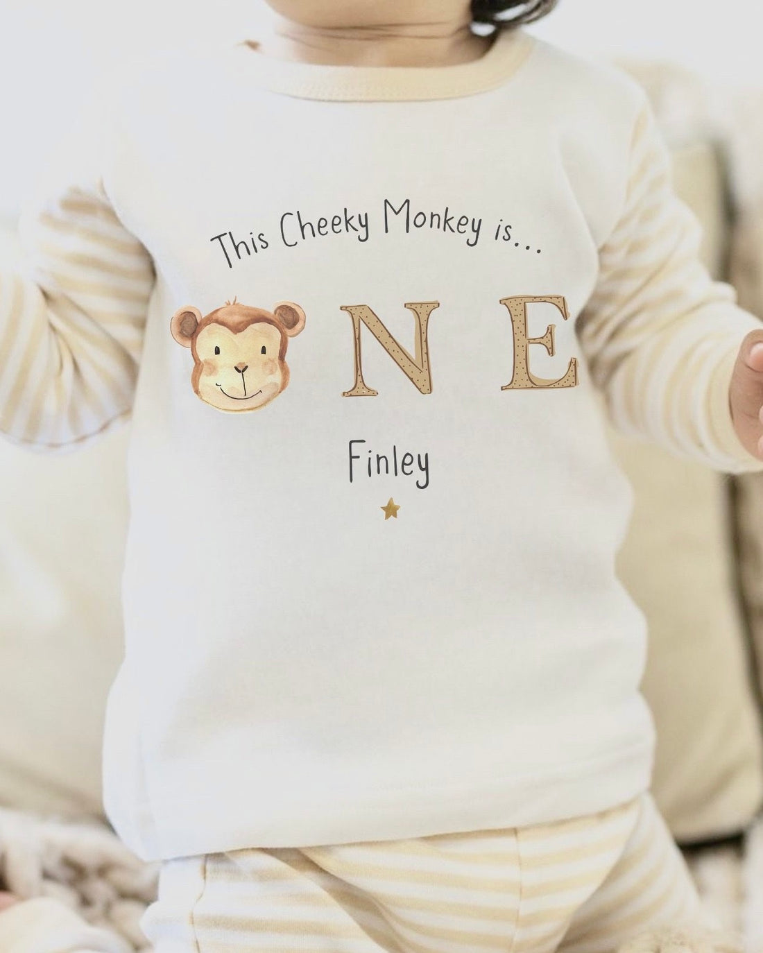Personalised Beige Stripe Birthday Pyjamas - Monkey Design