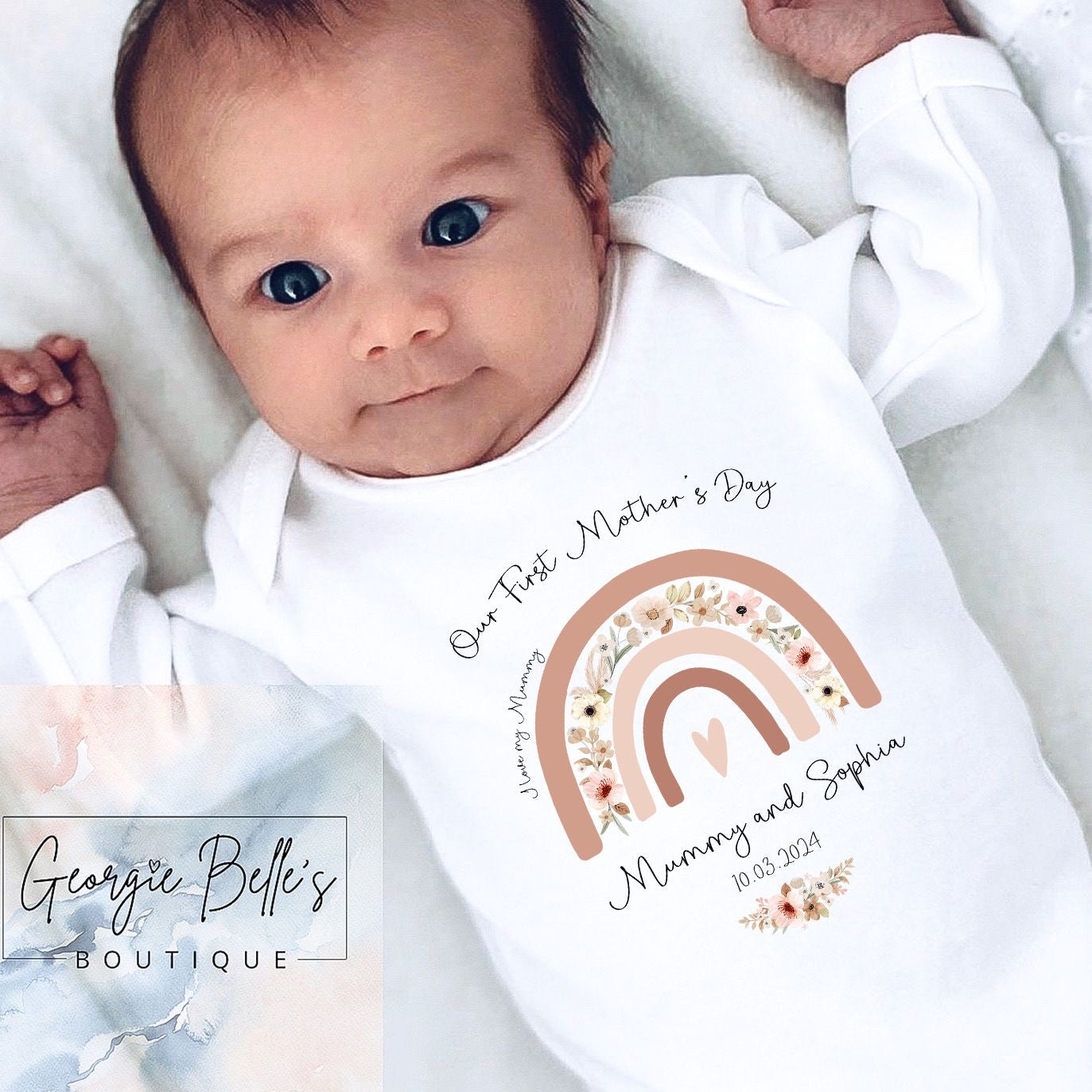 Our First Mothers Day Personalised Vest / Babygrow - Nude/Pink Rainbow Design