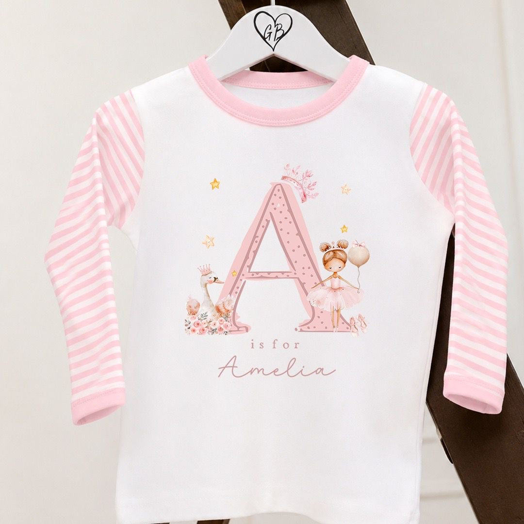 Personalised Girls Gifting Pyjamas Pink Stripe - Ballerina Swan Initial Design