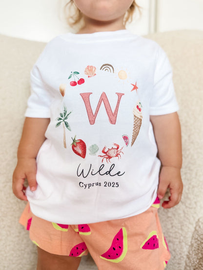 Personalised Holiday T-Shirt - Girls Initial Wreath Design