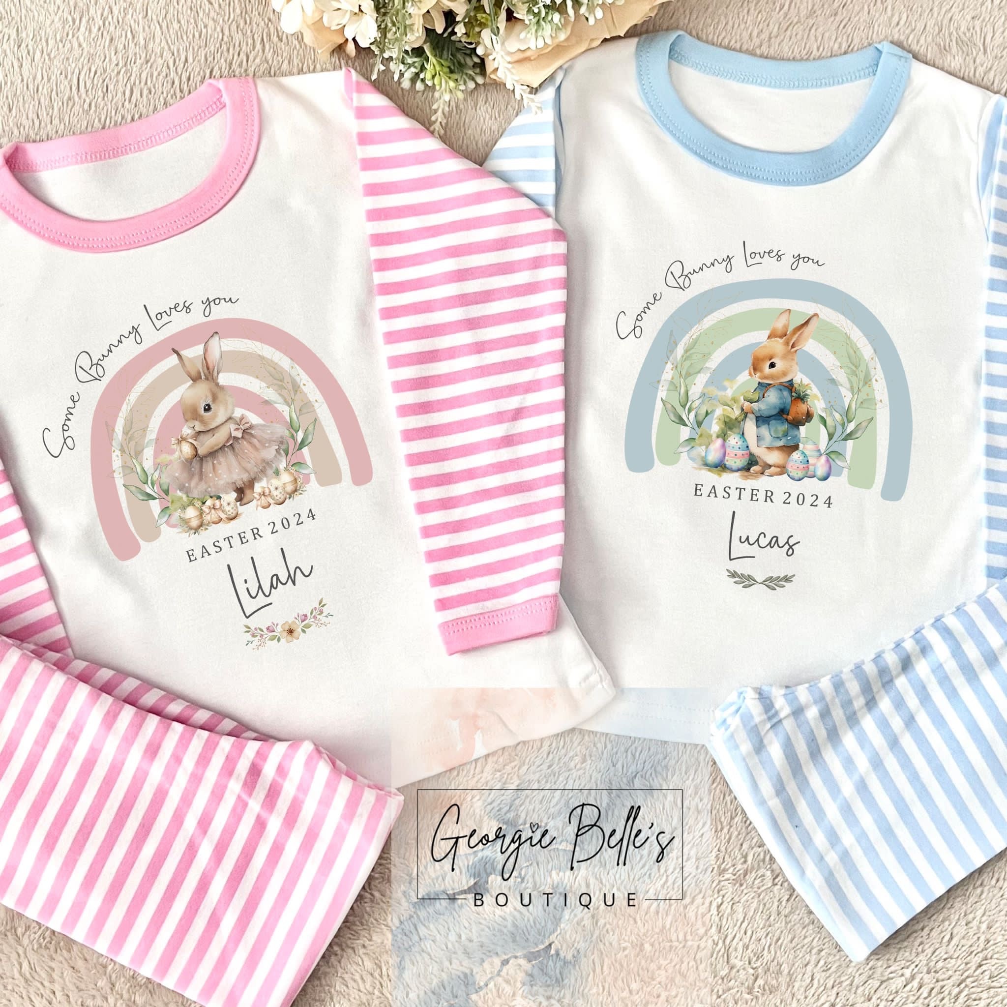 Personalised Easter Pyjamas - Some Bunny Pink Rainbow Design