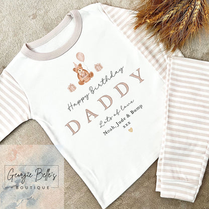 Personalised Birthday Pyjamas -  Daddy’s Birthday Nude Stripe Birthday Bear Design