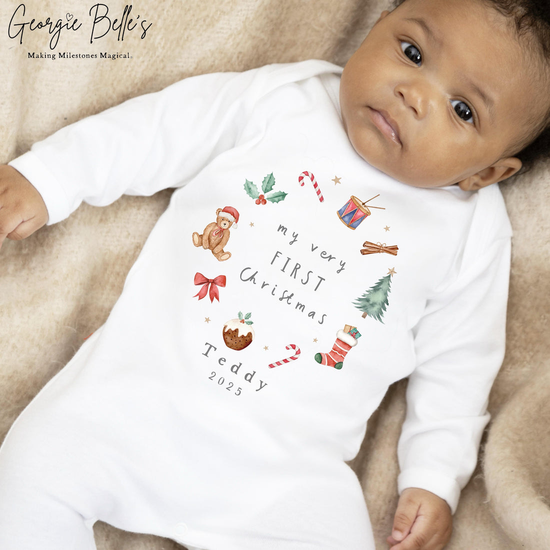 Personalised Christmas Sleepsuit / Bodysuit - First Christmas Wreath Design