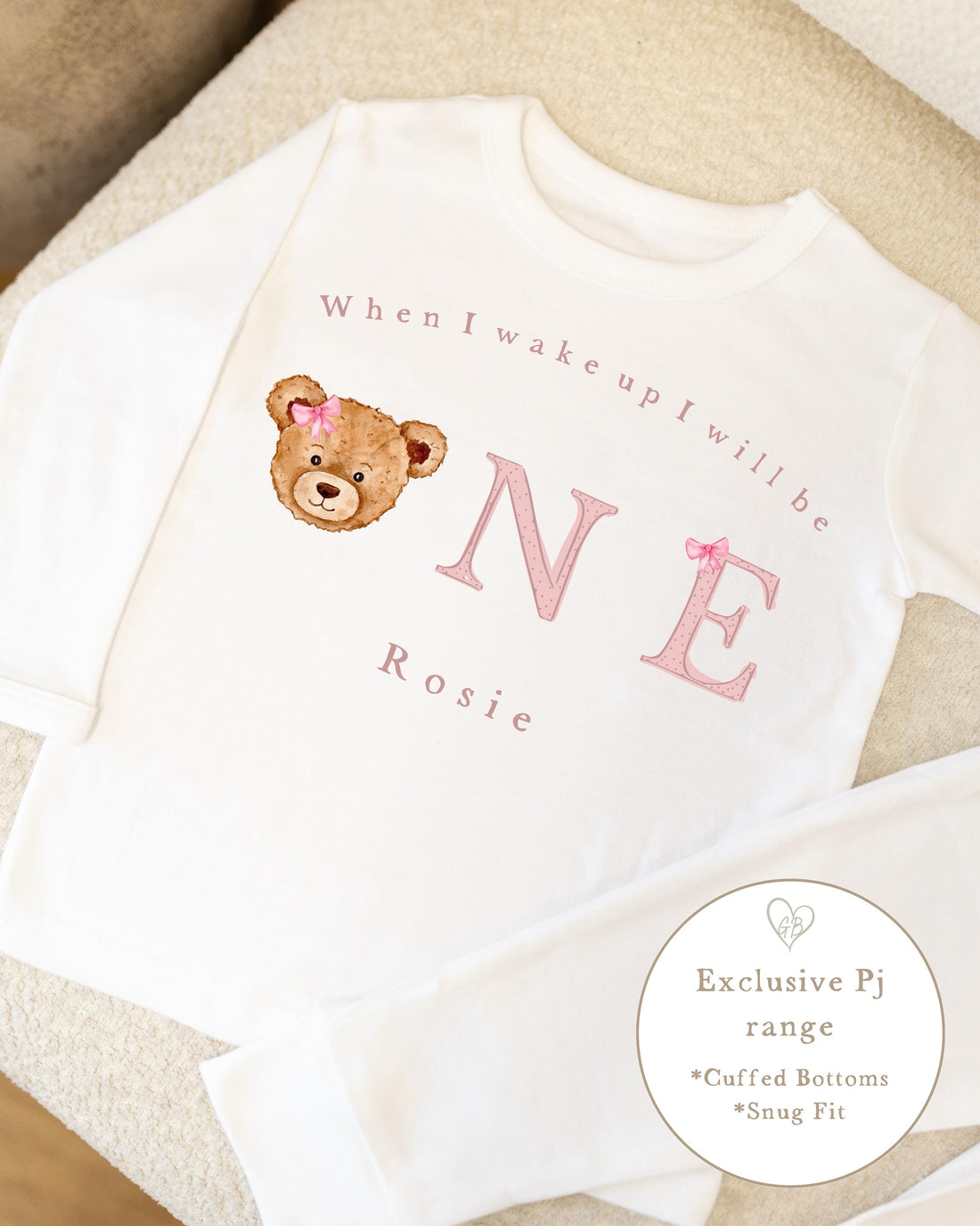 Plain White Personalised Birthday Pyjamas - Pink Bear Word Design