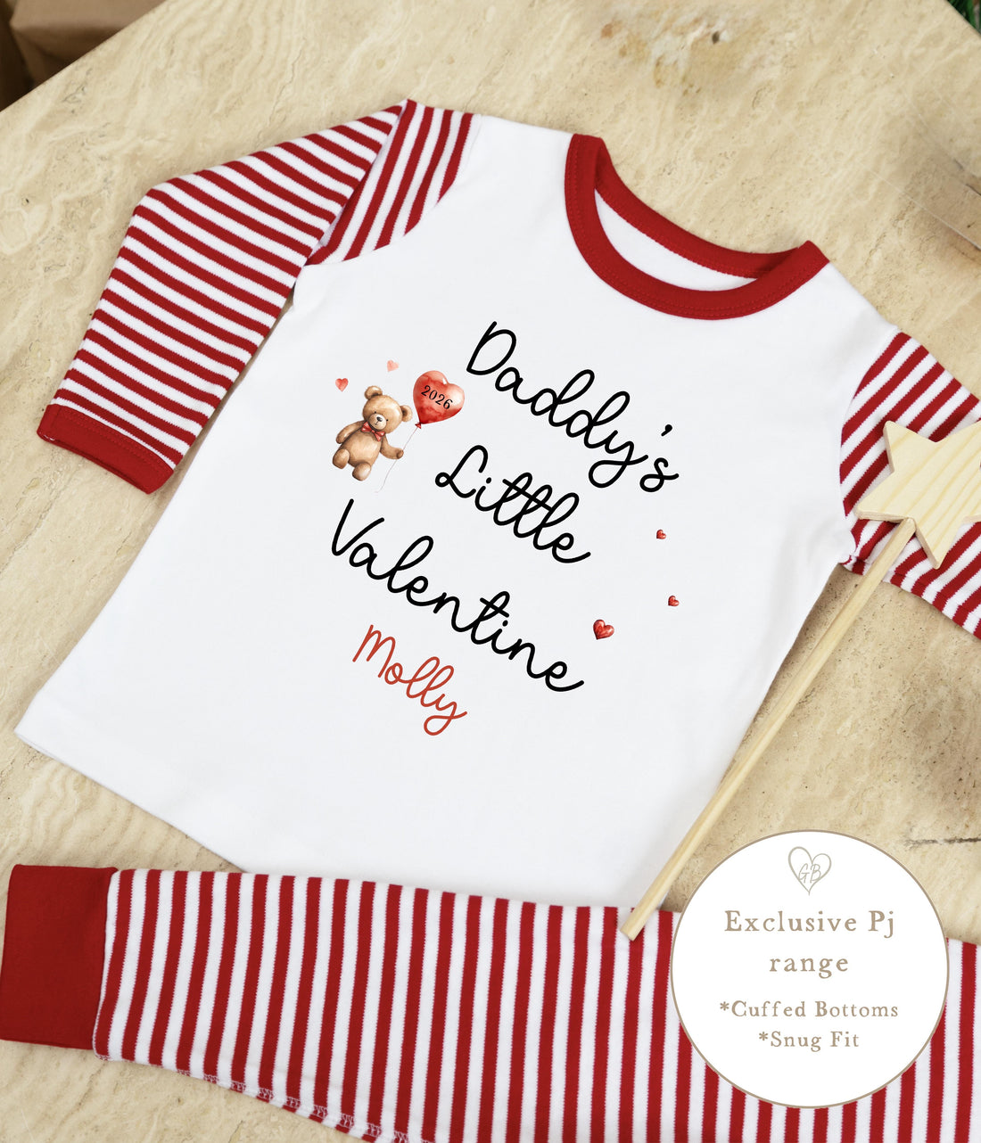 Personalised Red Stripe Valentines Pyjamas - Daddy’s Little Valentine Design