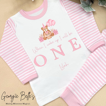 Personalised Pink Stripe Birthday Pyjamas - Pink Georgie Belle’s Bear Design