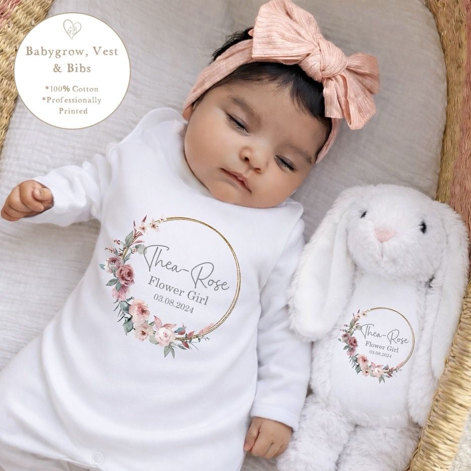 Personalised Flower Girl Babygrow / Short Sleeve Vest - Dusky Pink Wreath Design
