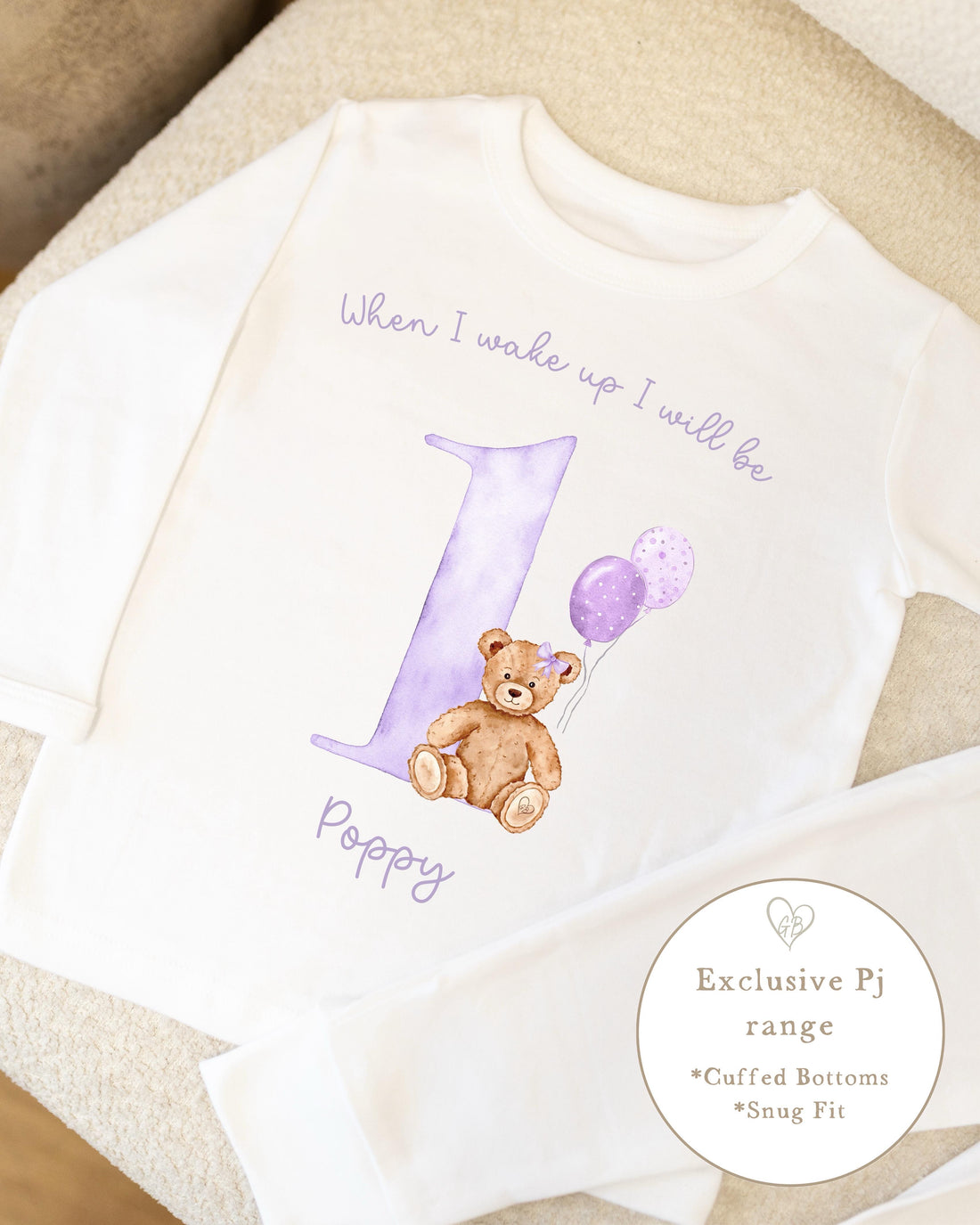 Plain White Personalised Birthday Pyjamas - Lilac Bear Design