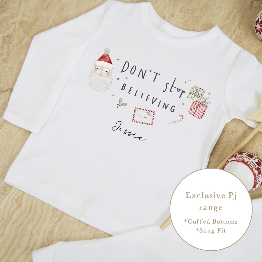 Personalised Plain White Christmas Pyjamas - don’t stop believing Design